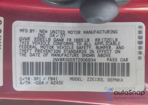 2007 Toyota Corolla Le from USA, damaged, VIN 1NXBR32E97Z906834